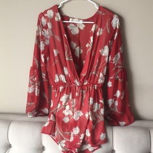 Red floral print romper